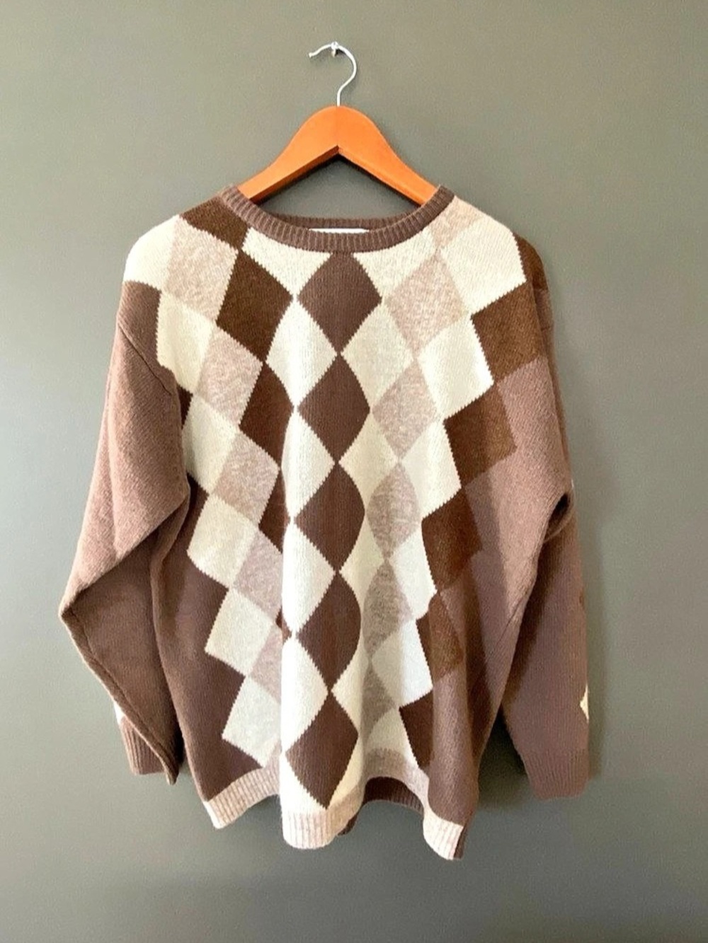 Principles Argyle Vintage Lambswool Crewneck Sweater in Brown & White, Size M